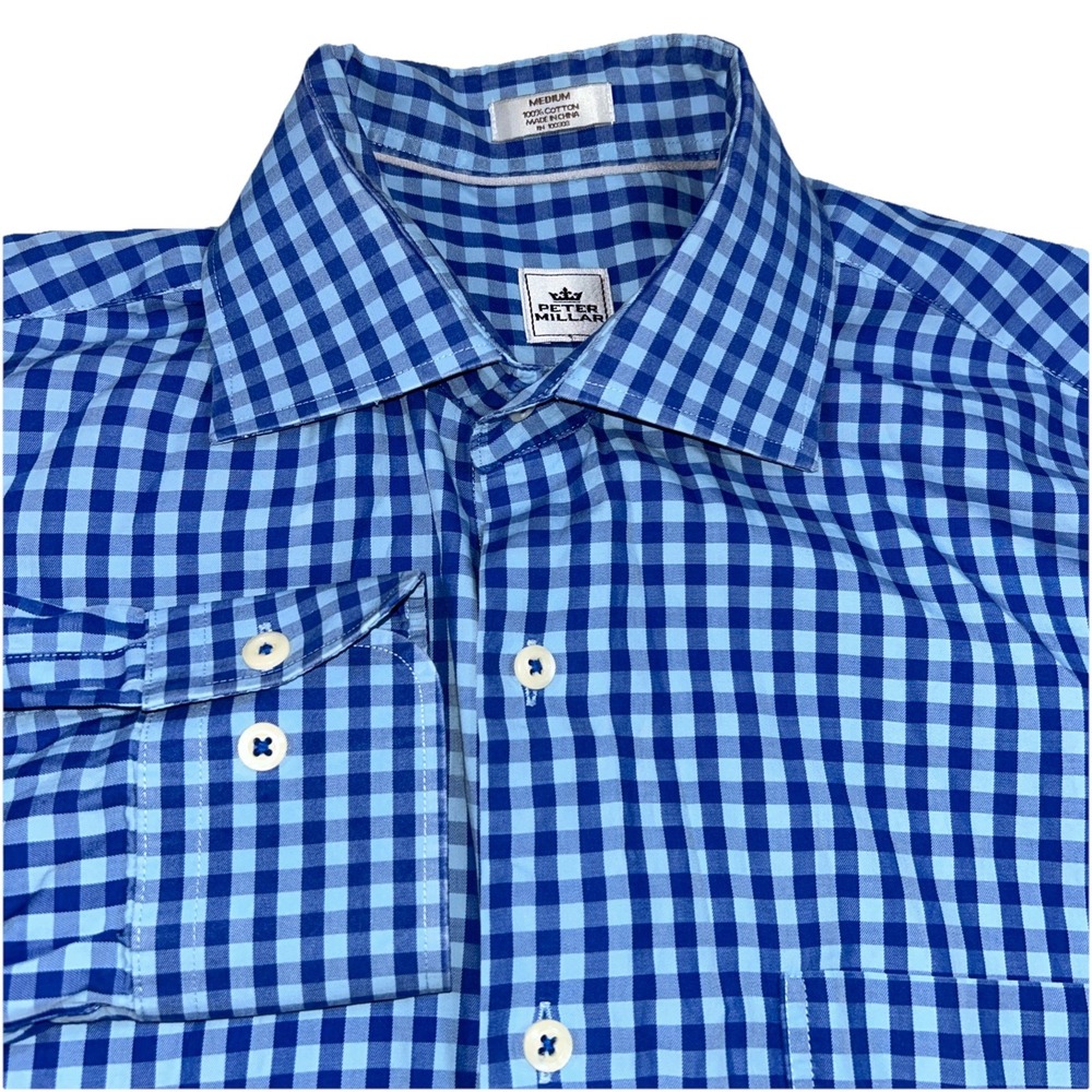 Peter Millar Men's Medium Gingham Check Blue Button Up, SOFT